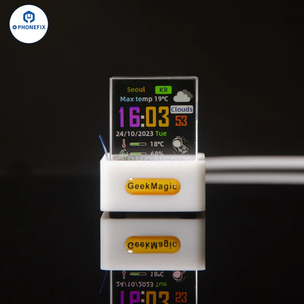 PHONEFIX GeekMagic WIFI digital clock weather station with Bitcoin and stock display, showing time, weather icons, and financial data.