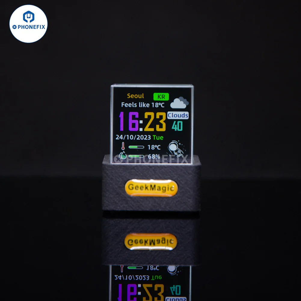 PHONEFIX GeekMagic WIFI digital clock weather station displaying Bitcoin and stock market information on a sleek electric power tools background.