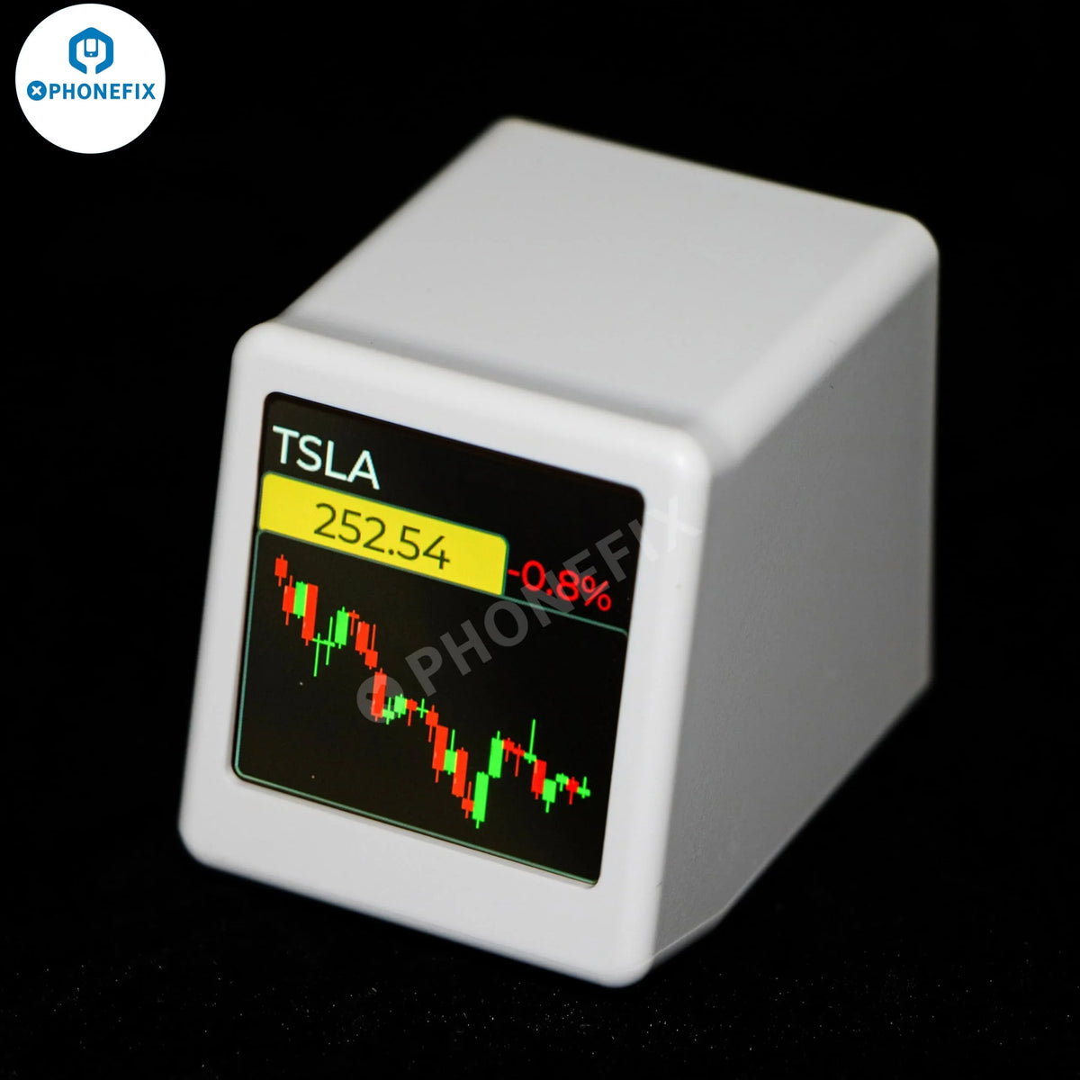 PHONEFIX GeekMagic WIFI digital clock weather station with Bitcoin and stock display, showing time, weather info, and financial data.