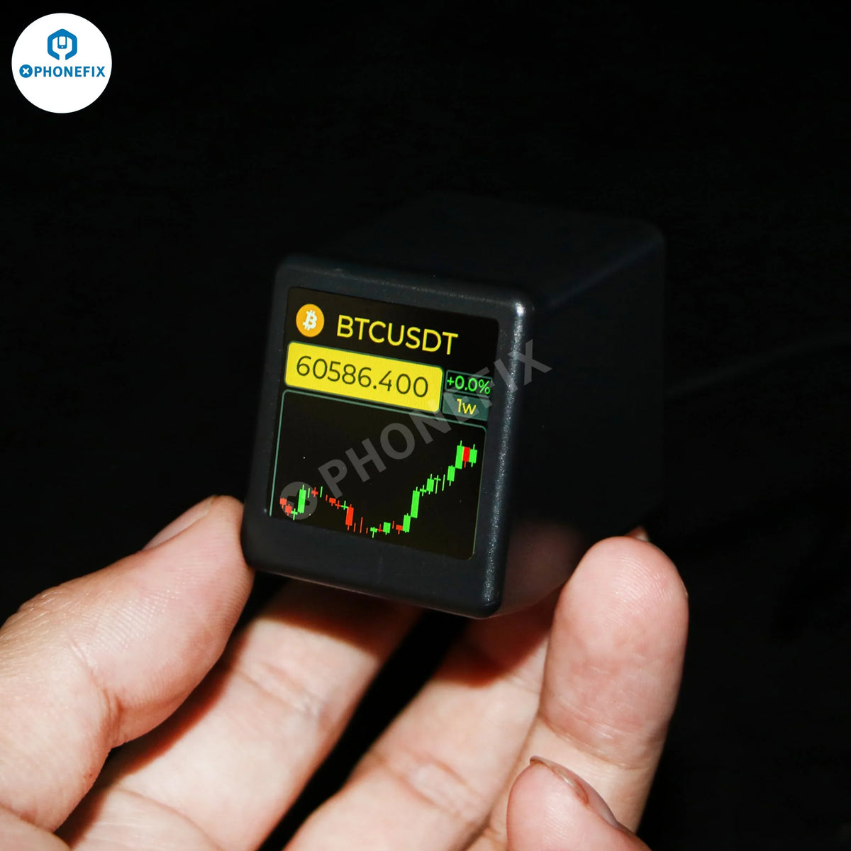 PHONEFIX GeekMagic WIFI digital clock weather station showing Bitcoin and stock updates with electric power tools theme.