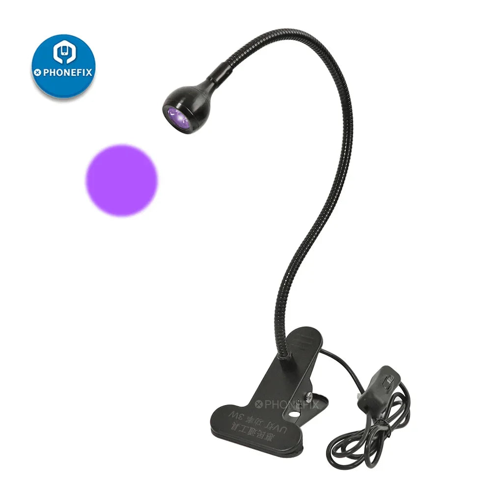 Phonefix 5V USB UV LED curing lamp with shadowless design, green oil indicator, used for UV glue curing in electronics or crafts.