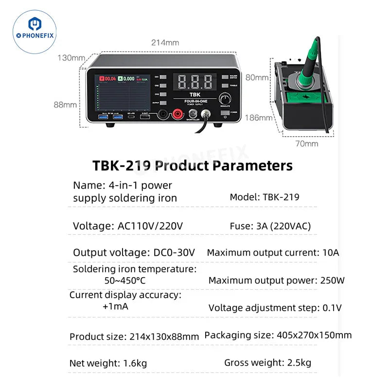 PhoneFix TBK 219 Power Supply C210 soldering iron charger tester for electric power tools, with US plug and digital display.