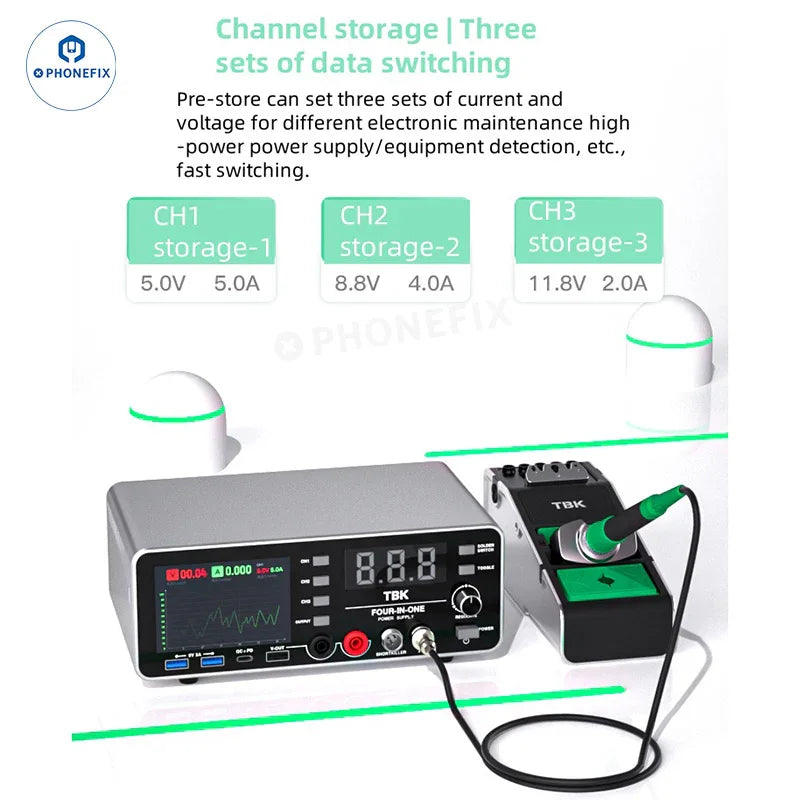 PhoneFix TBK 219 Power Supply C210 soldering iron charger tester for electric power tools, with US plug, in a professional workspace.