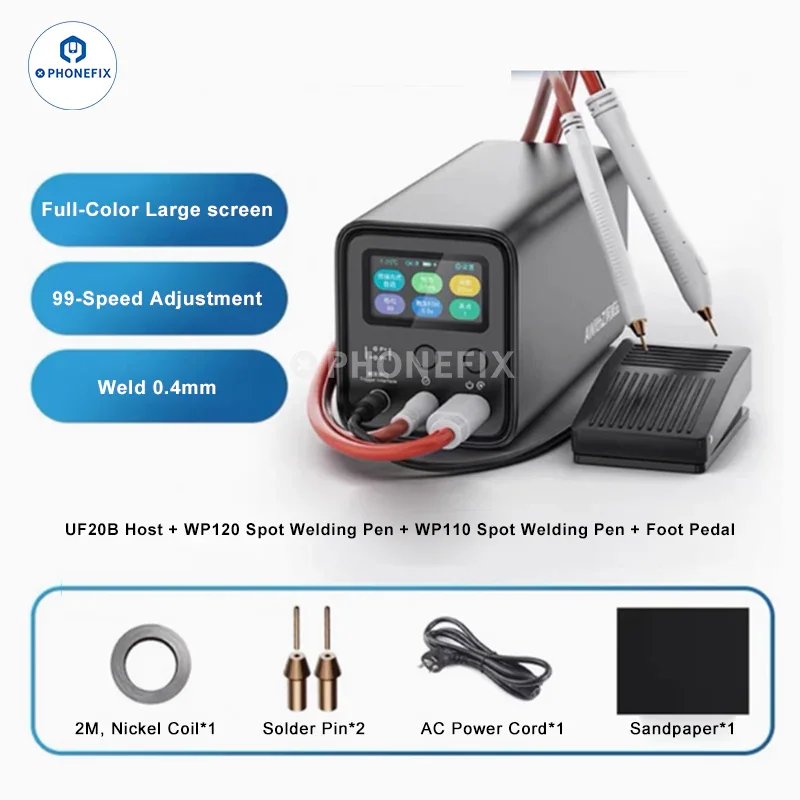 Aphonefix UF20B Super Farah capacitor spot welding machine for electric welding tools, shown with control panel and welding arm.