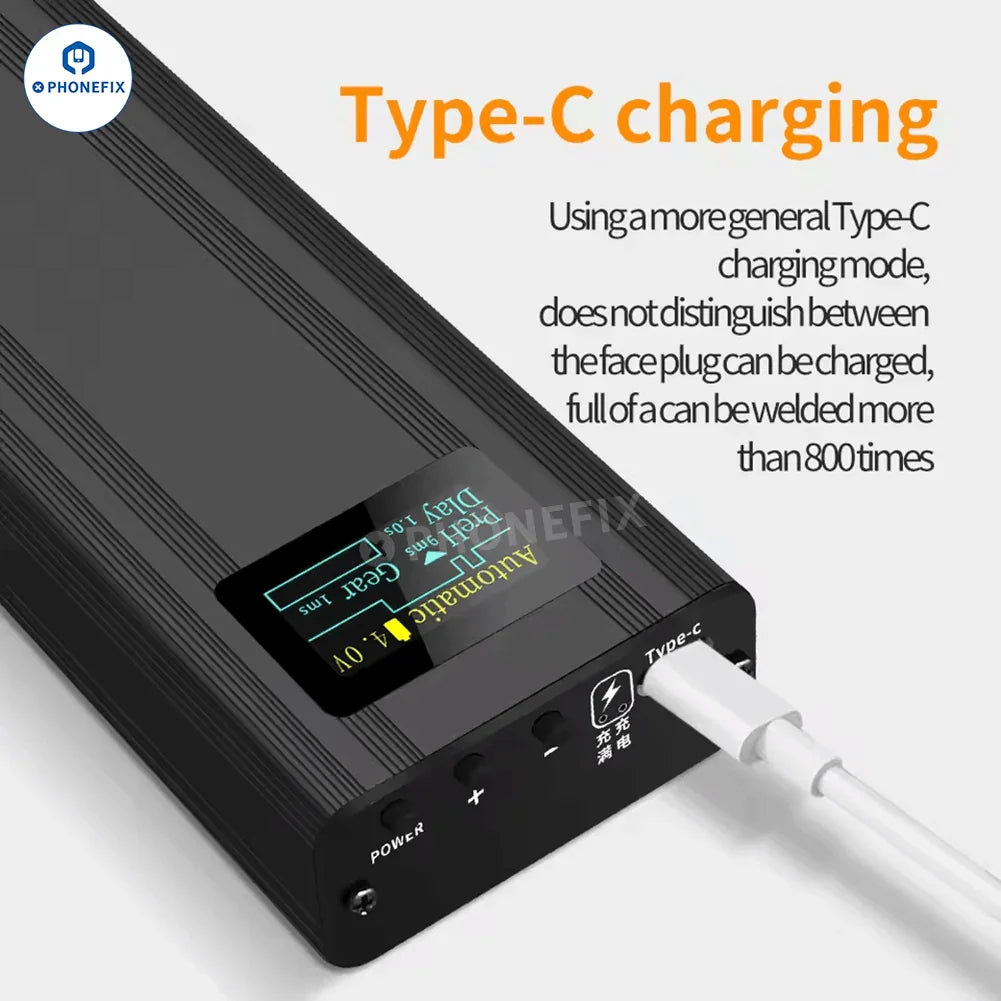 Portable PhoneFix handheld electric spot welder with digital controls and battery welding capabilities, shown in a compact, ergonomic design.