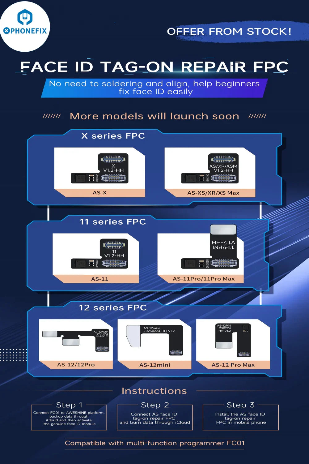 Outil de réparation PHONEFIX Face ID FC01 pour la réparation du câble FPC Face ID de l'iPhone, montrant le composant de câble FPC Face ID non amovible.
