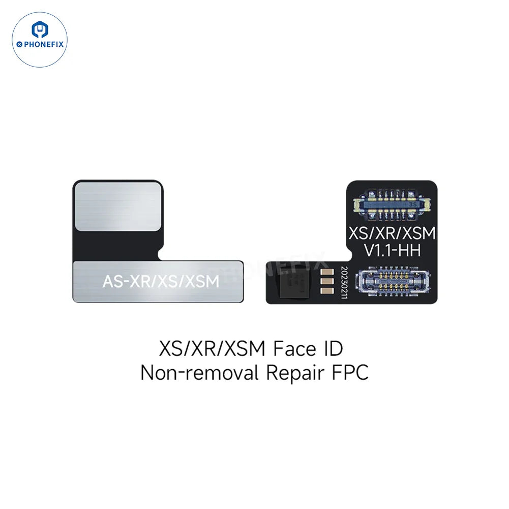 PHONEFIX Outil de réparation Face ID pour iPhone XR, XS, XS Max, montrant le câble FPC et les composants de réparation pour les corrections de Face ID.