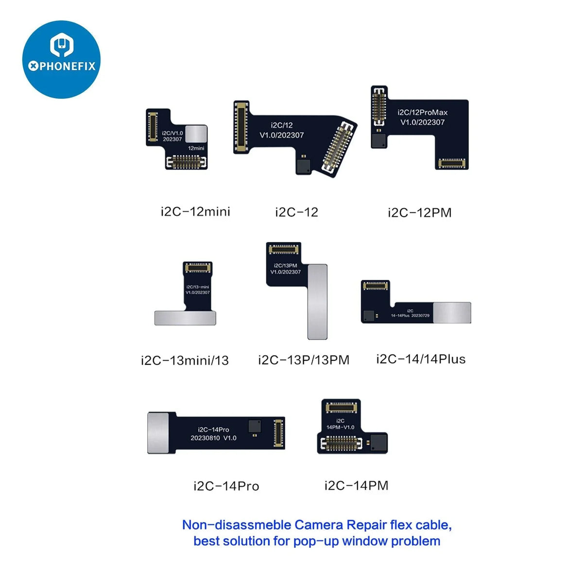 i2C Rear Camera Tag-on Repair Flex Cable for iPhone 11-15 Pro Max, face ID repair tool by PHONEFIX, visible flexible cable and connectors