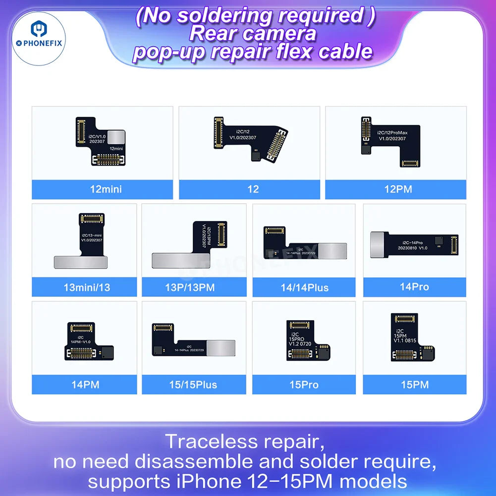 iPhone 11-15 Pro Max i2C Rear Camera Tag-on Repair Flex Cable for Face ID repair, branded PHONEFIX, shown on a white background.