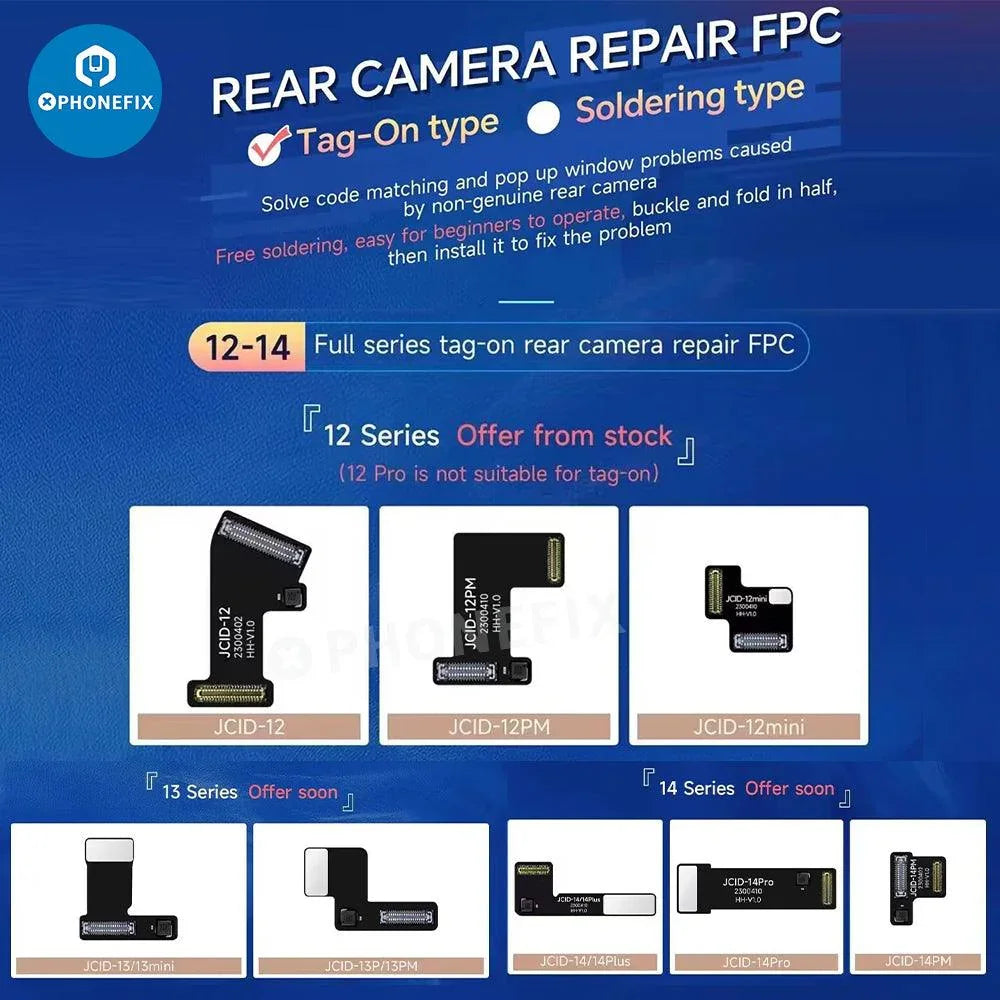 JCID wide-angle camera tag-on repair FPC for iPhone 12-17 Pro Max Face ID repair tool, compatible with iPhone models.