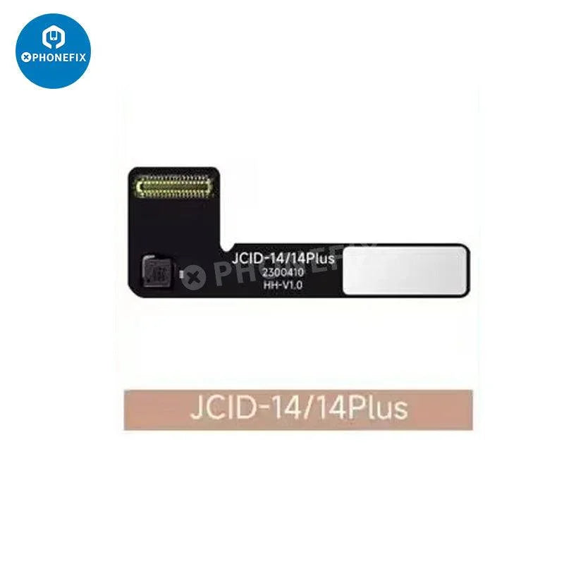 JCID wide-angle camera tag-on repair FPC for iPhone 12-17 Pro Max Face ID repair tool, shown on a repair workstation.