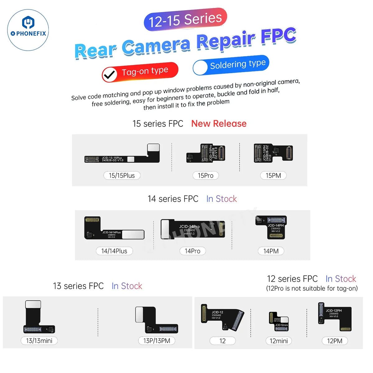 Wide angle camera tag-on repair FPC for iPhone 12-17 Pro Max, face ID repair tool by PHONEFIX, shown in image 12-15.