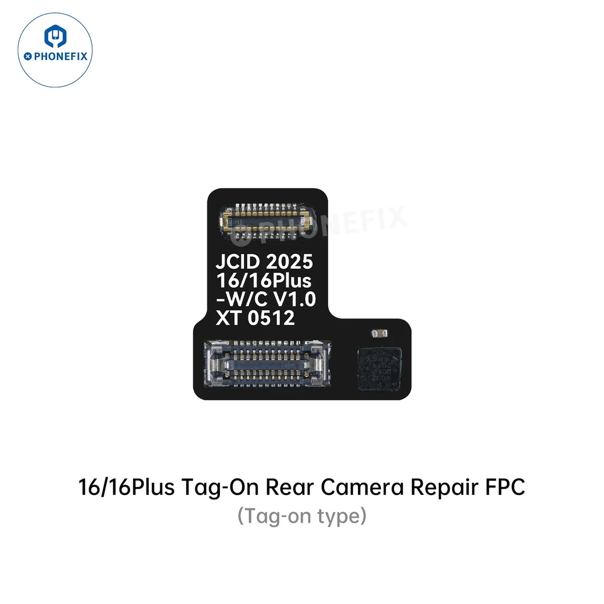 PHONEFIX JCID wide angle camera tag-on repair FPC for iPhone 12-17 Pro Max, face ID repair tool, showing detailed connector and flex cable.
