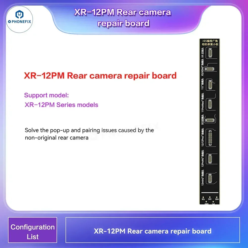 PhoneFix i2C i6S A8S programmer for iPhone screen True Tone and Face ID repair, shown with iPhone XR and repair tools.