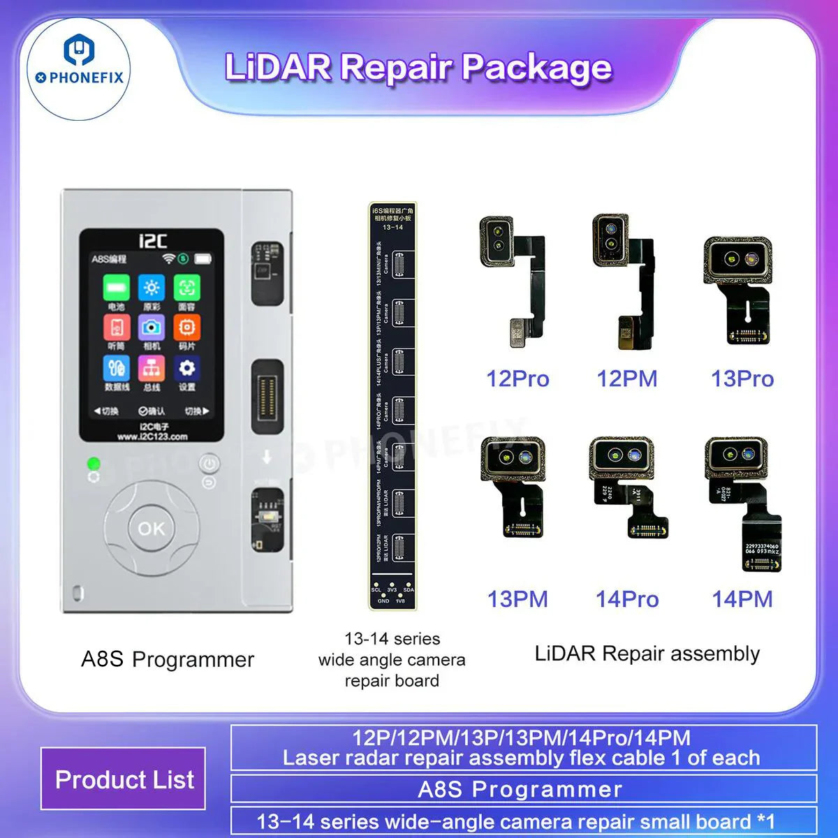 i2C Laser LiDAR repair FPC cable chip for iPhone 12-14 Pro Max, used as a Face ID repair tool by PHONEFIX.
