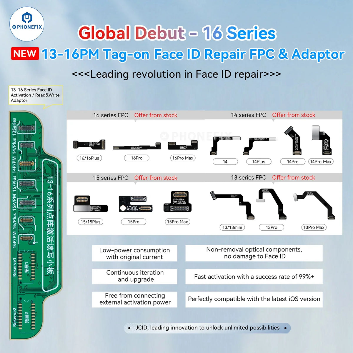 PHONEFIX Face ID repair tool for iPhone 13-16, tag-on FPC and activation board for Face ID repair, includes 10 pieces.
