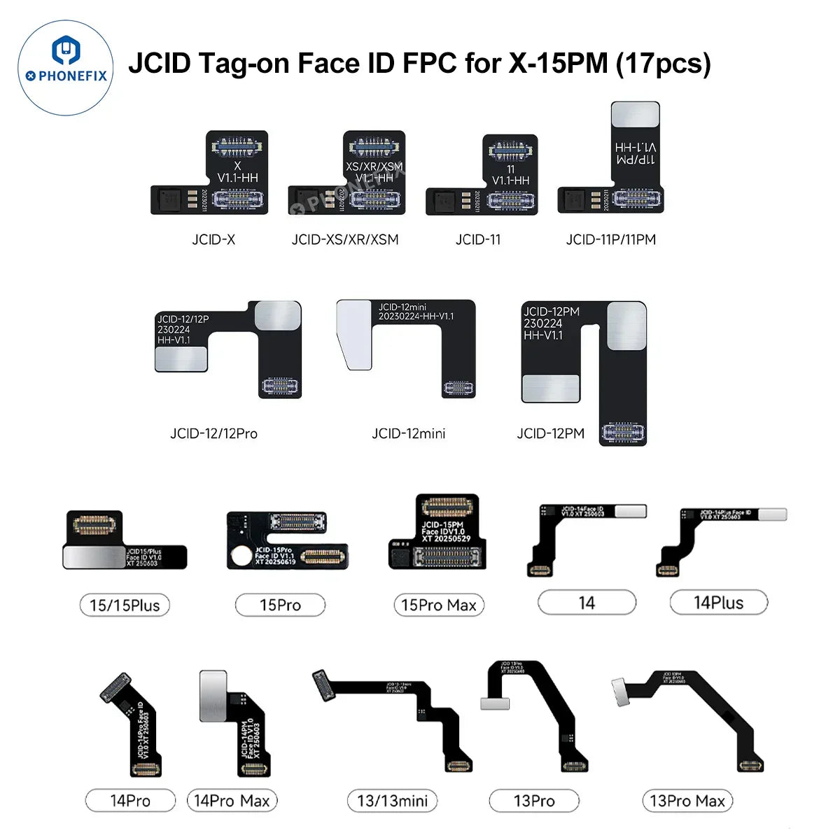 PHONEFIX JCID iPhone Face ID Repair Tool with Tag-on FPC and Activation Board for models 13 to 16, shown on a white background.