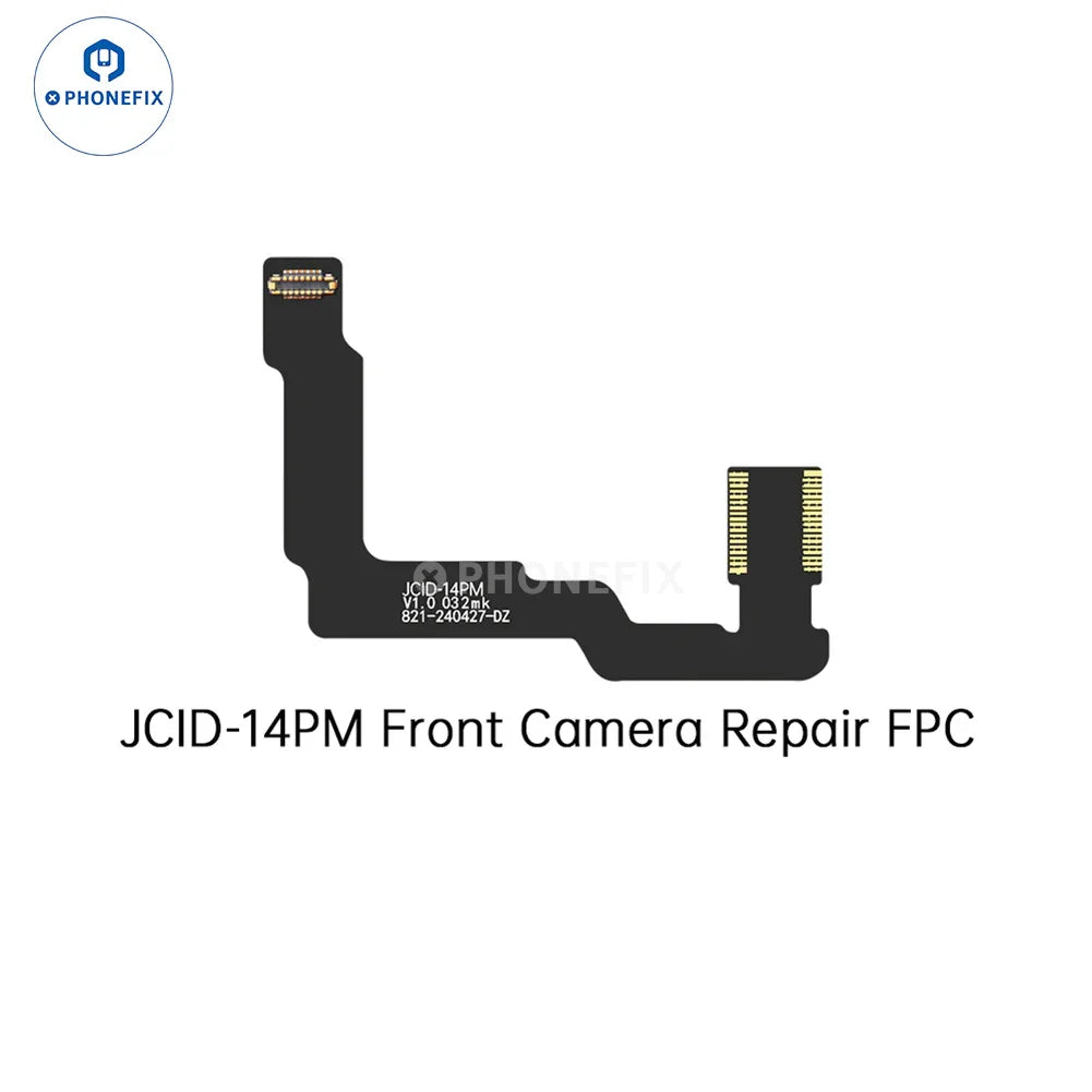 JCID front camera FPC cable for iPhone 14-17 Pro Max Face ID repair, showing close-up view of the repair tool and cable.
