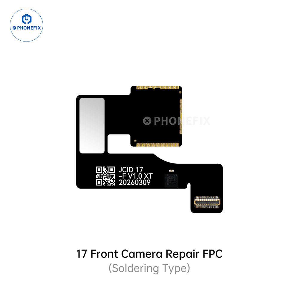 PHONEFIX iPhone 14-17 Pro Max front camera FPC cable for Face ID repair, showing the flexible repair tool and connector details.
