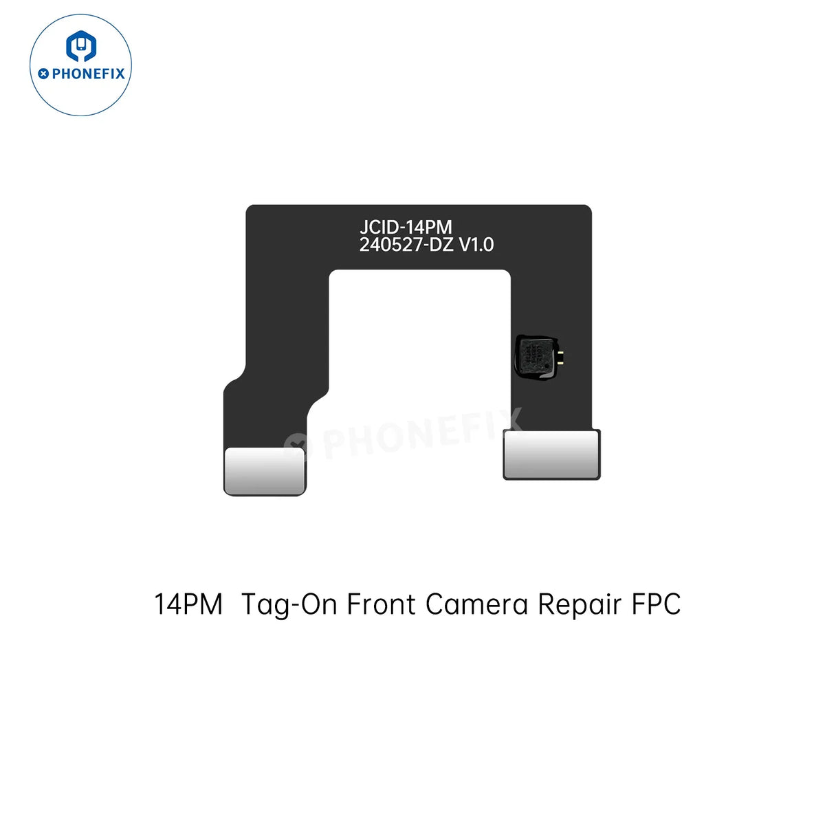 PHONEFIX JCID Tag-on front camera repair cable for iPhone 14-17 Pro Max, Face ID repair tool, showing the cable and connectors.