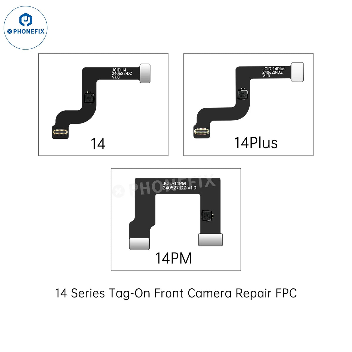 PHONEFIX JCID Tag-on front camera repair cable for iPhone 14-17 Pro Max, Face ID repair tool, shown connected to device.