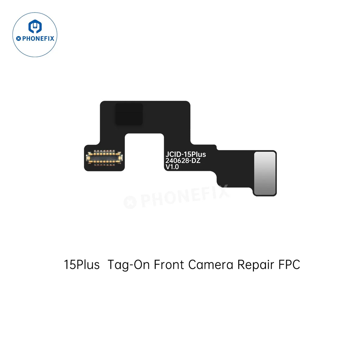 PHONEFIX JCID Tag-on Front Camera Repair Cable for iPhone 14-17 Pro Max, Face ID repair tool, shows the replacement cable on a white background.