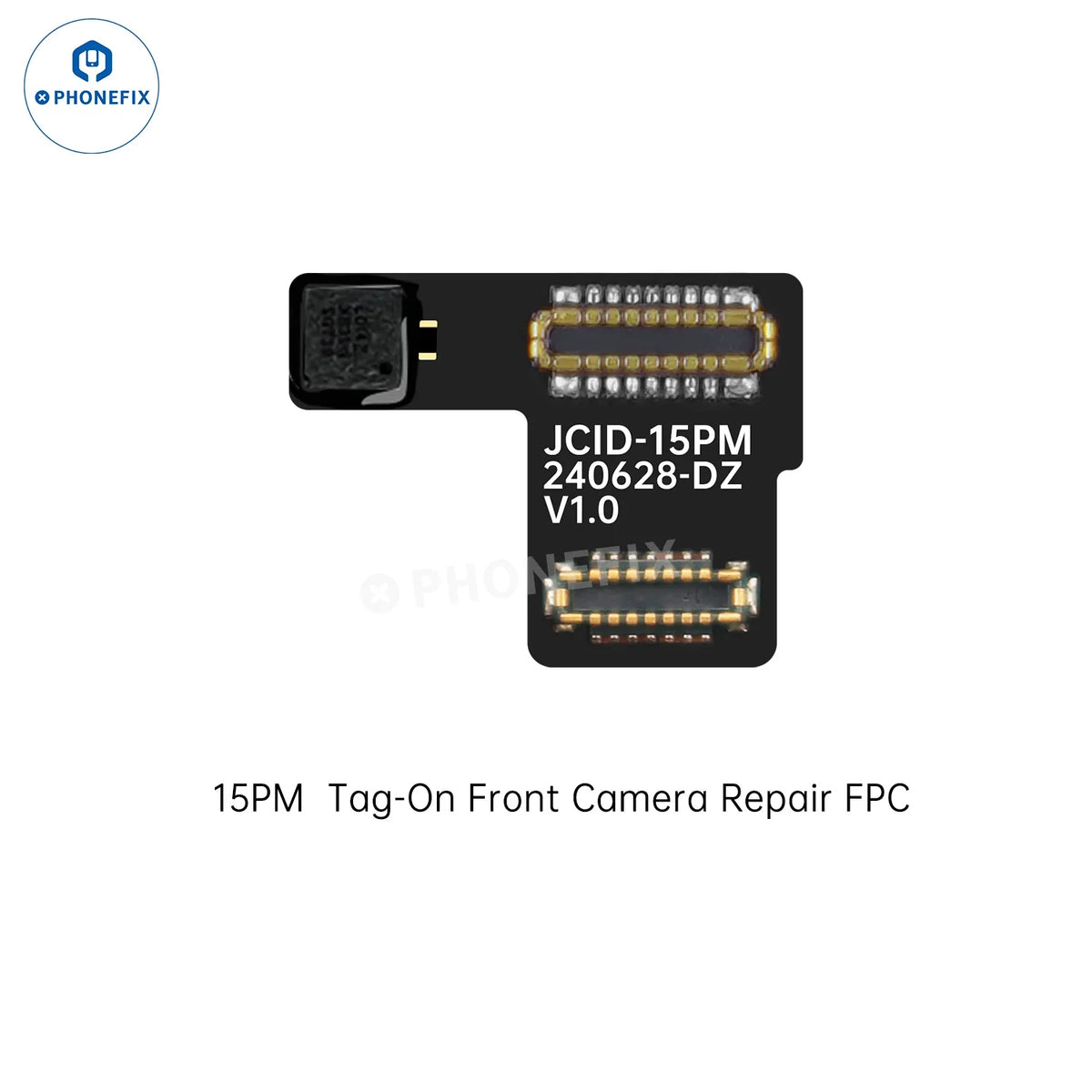 PHONEFIX JCID Tag-on Front Camera Repair Cable for iPhone 14-17 Pro Max, Face ID repair tool, shown connected to device.