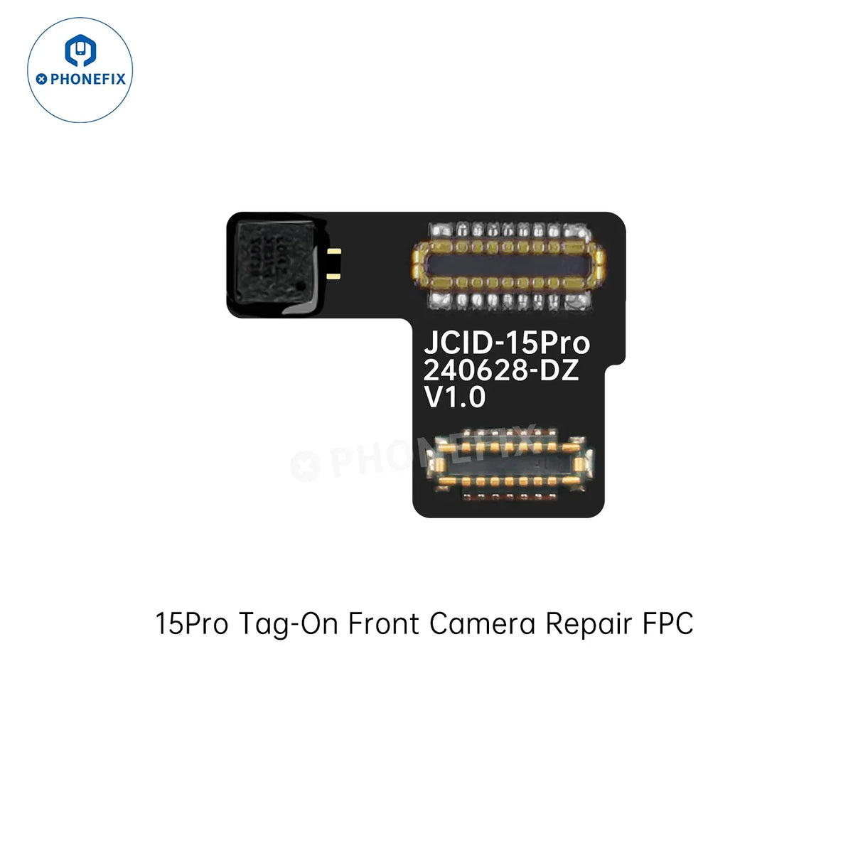 PHONEFIX JCID Tag-on front camera repair cable for iPhone 14-17 Pro Max, Face ID repair tool, close-up of the cable and connector.