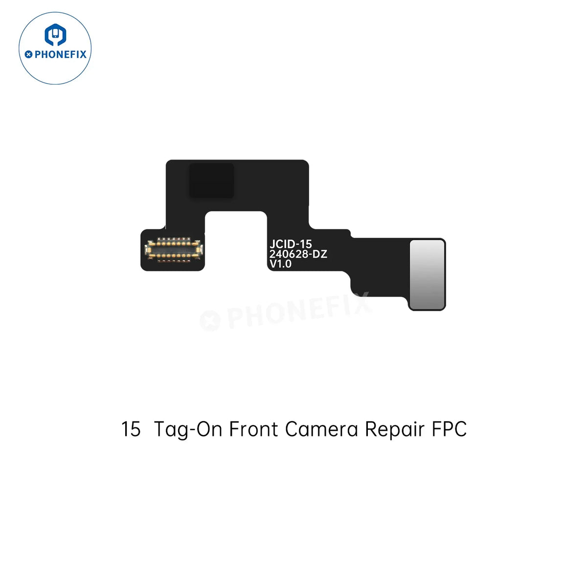 PHONEFIX JCID tag-on front camera repair cable for iPhone 14-17 Pro Max, Face ID repair tool, close-up of the cable connector.