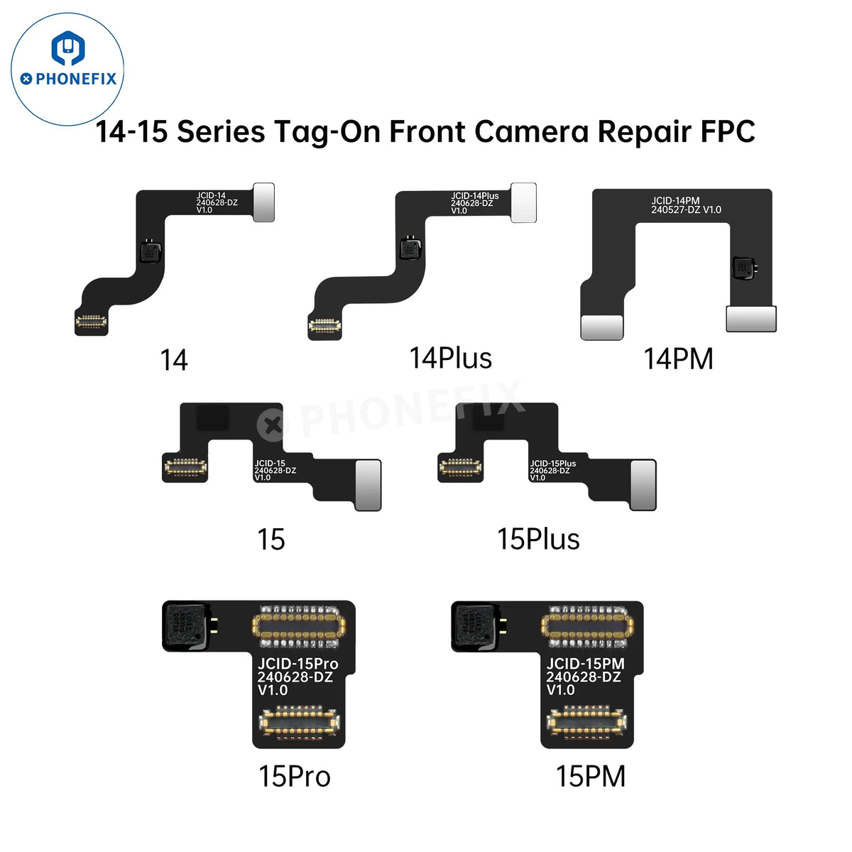 PHONEFIX JCID Tag-on Front Camera Repair Cable for iPhone 14-17 Pro Max Face ID repair tool showing the cable and connectors.