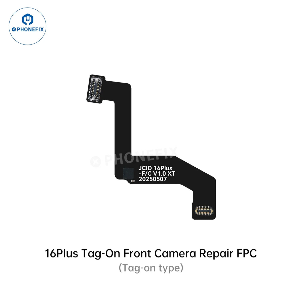 PHONEFIX JCID tag-on front camera repair cable for iPhone 14-17 Pro Max, Face ID repair tool, showing connector and cable details.