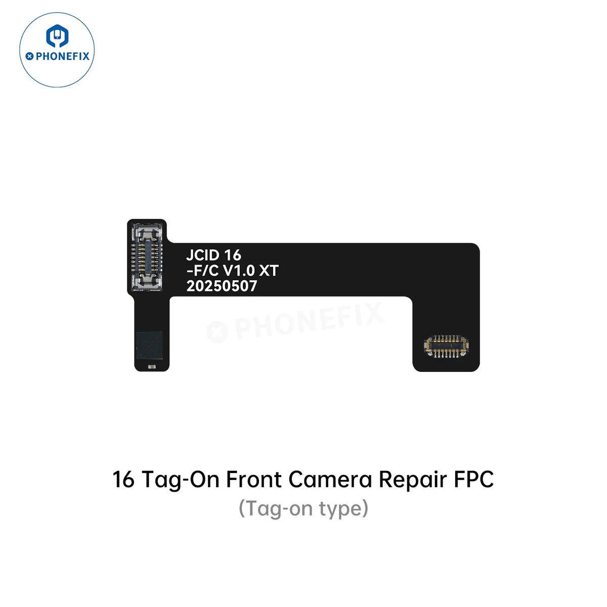 PHONEFIX JCID Tag-on Front Camera Repair Cable for iPhone 14-17 Pro Max, Face ID repair tool, shown with cable and connector.