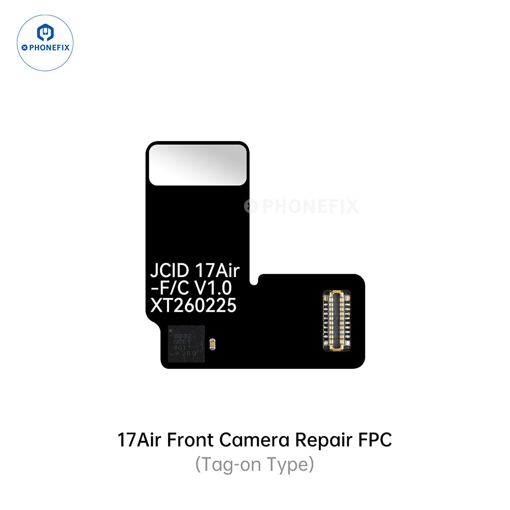 PHONEFIX JCID Tag-on front camera repair cable for iPhone 14-17 Pro Max, Face ID repair tool, visible with connector and cable.