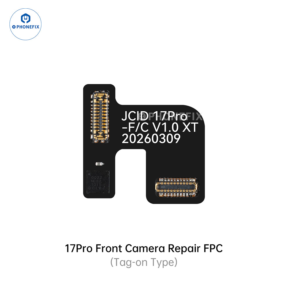 PHONEFIX JCID Tag-on front camera repair cable for iPhone 14-17 Pro Max, used as Face ID repair tool, shown with connector details.
