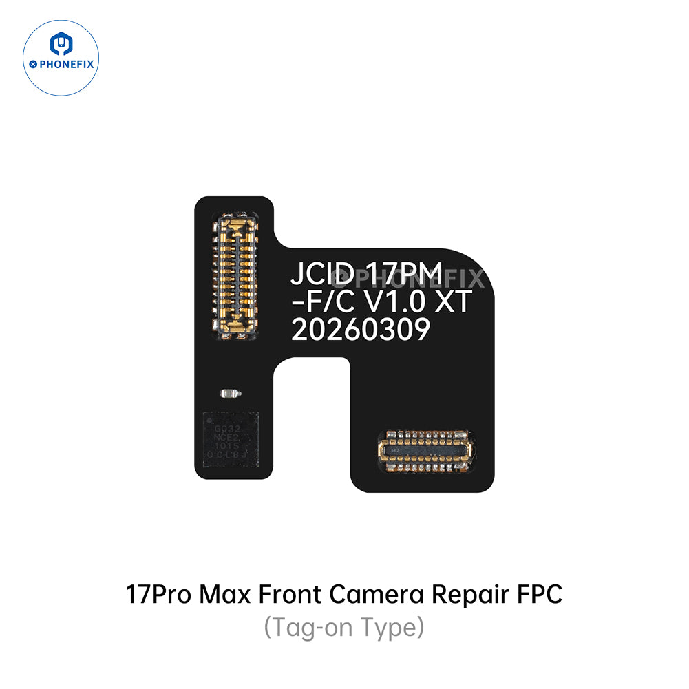 PHONEFIX JCID Tag-on front camera repair cable for iPhone 14-17 Pro Max, Face ID repair tool, showing the flexible cable connection.