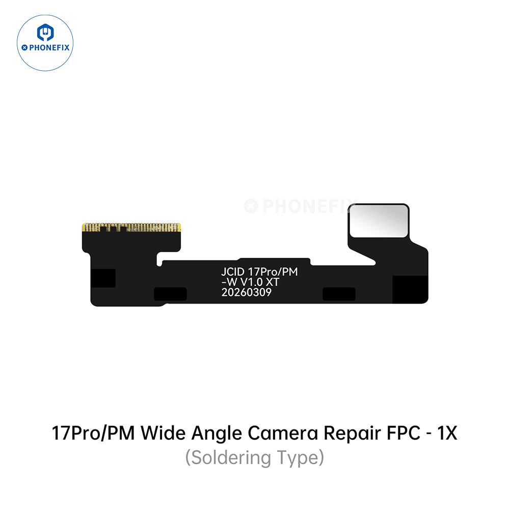 PHONEFIX JCID rear camera repair FPC cable for iPhone XR to iPhone 17 Pro Max, Face ID repair tool, close-up view of cable and connectors.