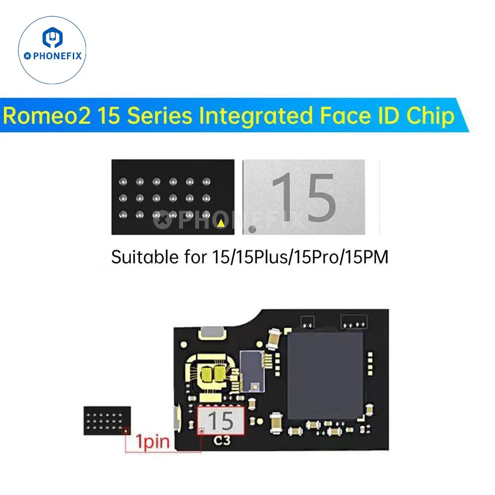 PHONEFIX JCID Romeo Face ID Repair Chip for iPhone X-17 Pro Max, repair tool component with electronic circuit and chip on white background