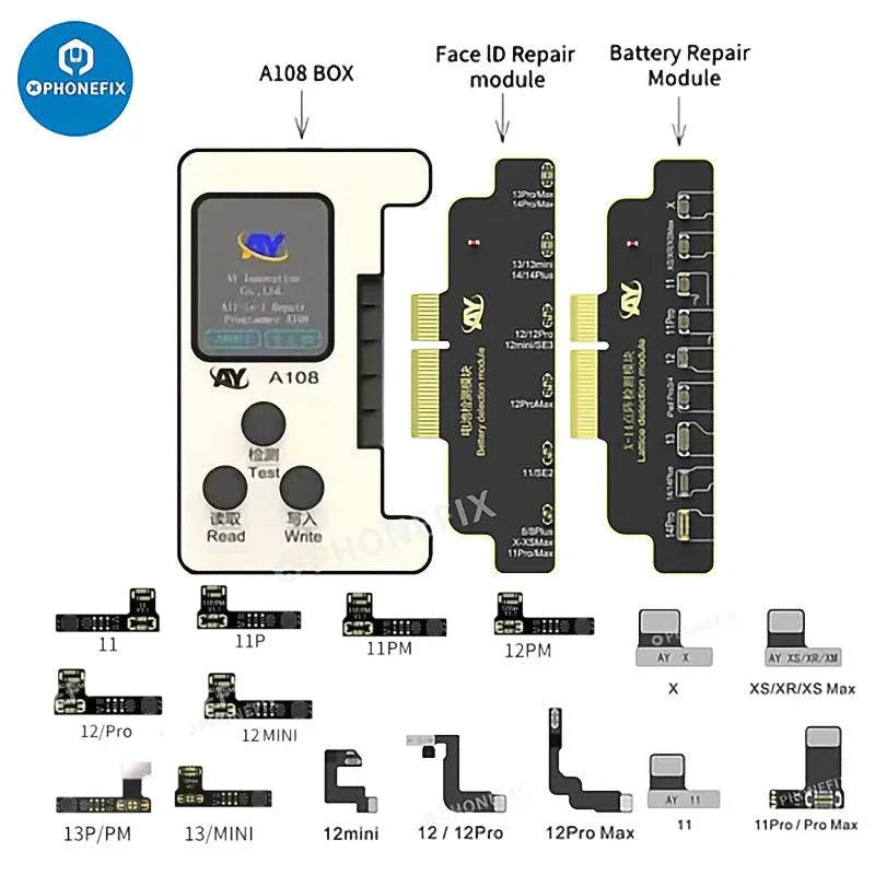 A108 BOX multi-function repair programmer for iPhone 8-16 Pro Max, FACE ID repair tool by PHONEFIX, with device components and connectors.