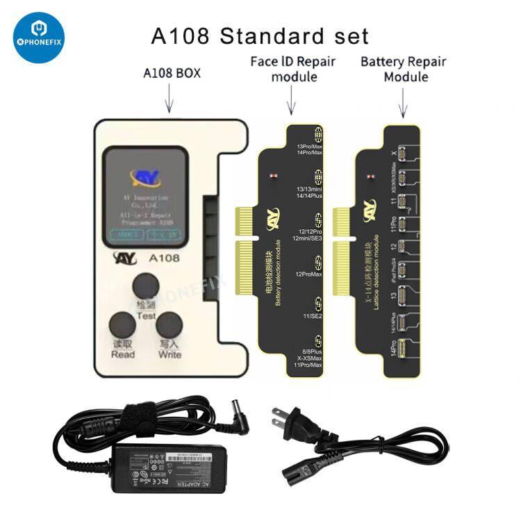 PhoneFix A108 BOX multi-function repair programmer for iPhone 8 to 16 Pro Max Face ID repair tool, showing device connectors and control panel.