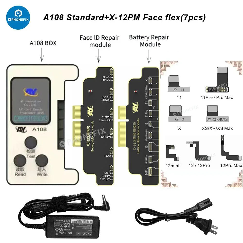 PHONEFIX A108 BOX multi-function repair programmer for iPhone 8 to 16 Pro Max Face ID repair tool, shown with device components.