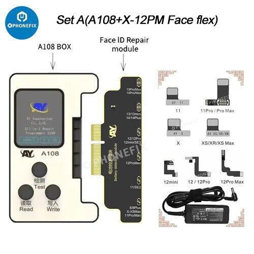 A108 BOX multi-function repair programmer for iPhone 8-16 Pro Max, Face ID repair tool by PHONEFIX, showing device and repair components.