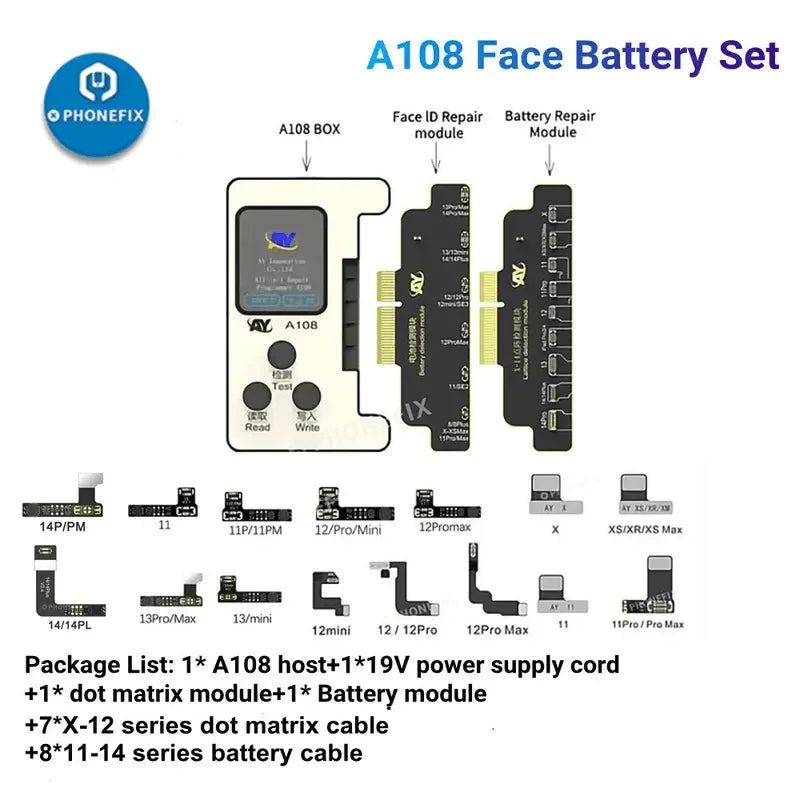A108 BOX multi-function repair programmer for iPhone 8-16 Pro Max, Face ID repair tool by PHONEFIX, shown with connectors and device interface.