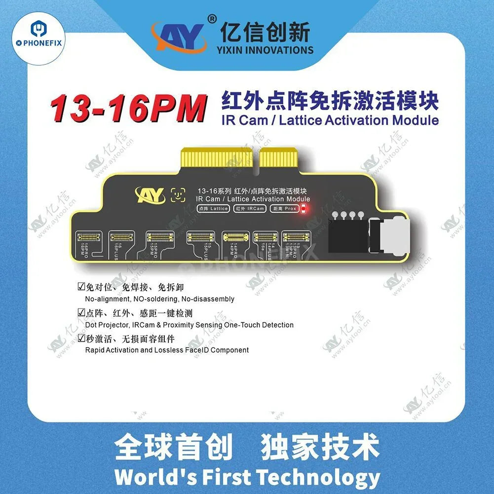 Herramienta de reparación de Face ID PHONEFIX A108 Programmer con cable de reparación Face ID para iPhone 13-16 Pro Max, que muestra el módulo y la conexión del cable.