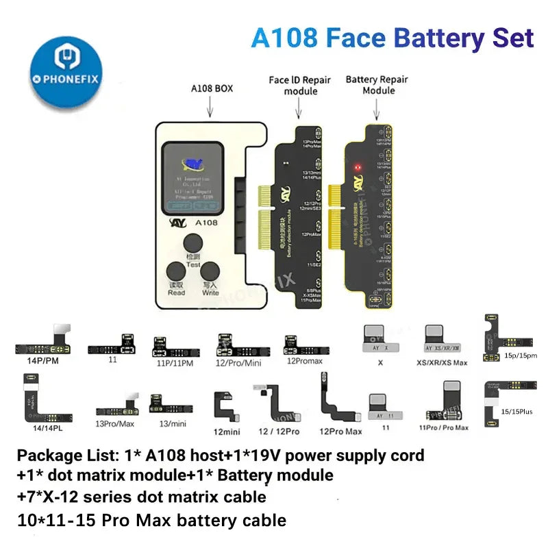 PhoneFix A108 BOX Face ID repair tool with battery set for iPhone 8 to 16 Pro Max, designed for multi-function repair and diagnostics.