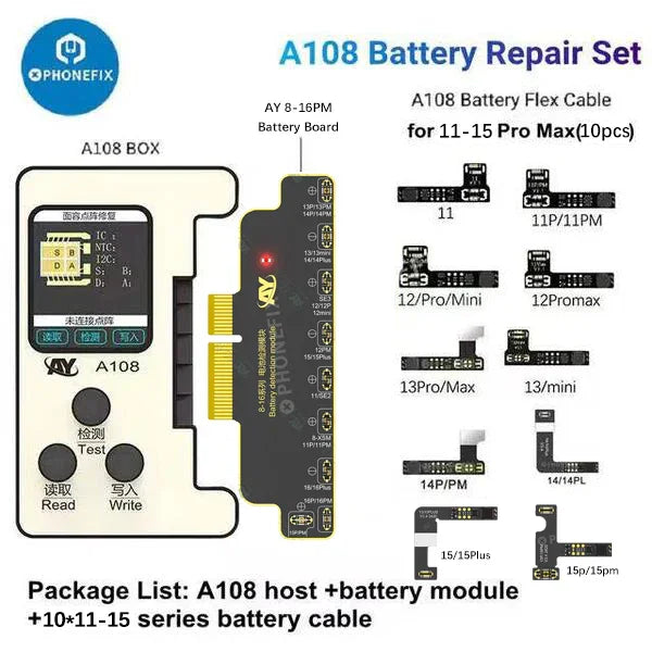 PHONEFIX A108 BOX Multi-function Repair Programmer for iPhone 8-16 Pro Max Face ID repair, showing the battery set and repair tools.