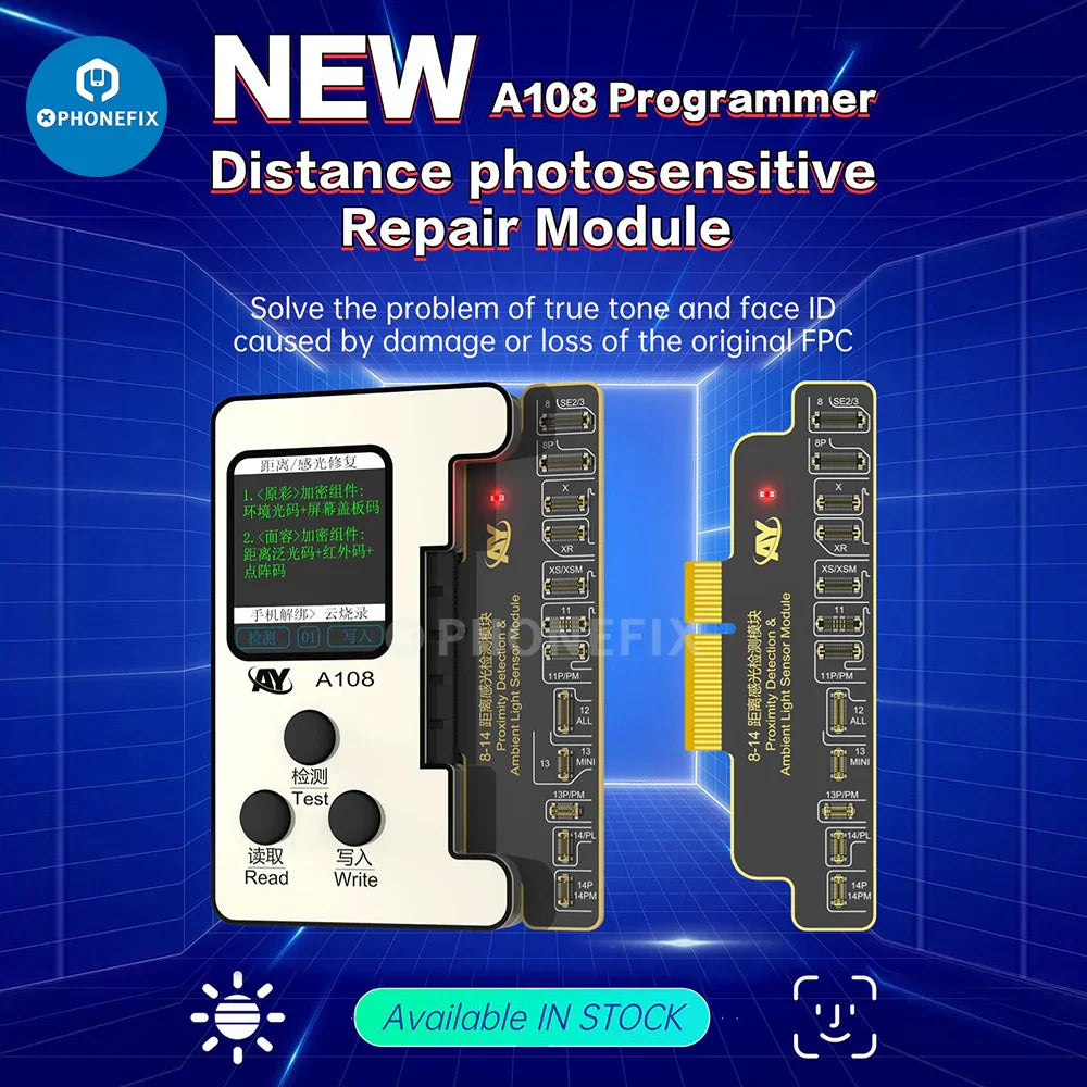 PHONEFIX AY A108 iPhone Face ID repair tool with FPC cable for True Tone and Face ID sensor replacement, shown with repair components.