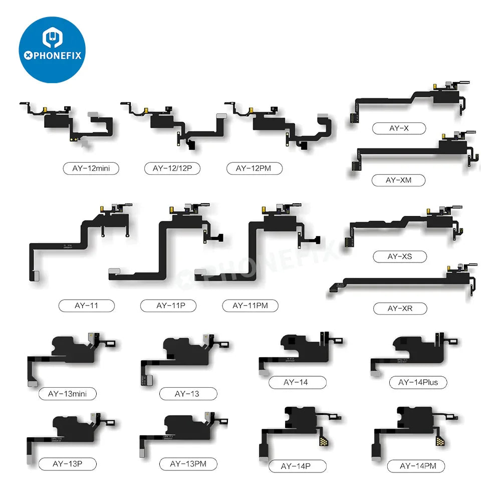 PhoneFix AY A108 earpiece FPC cable for iPhone True Tone Face ID repair, showing the small repair tool and cable component.