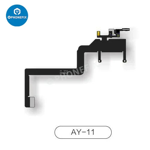 PhoneFix AY A108 iPhone Face ID repair tool with FPC cable for True Tone and Face ID component repair, shown with repair parts.