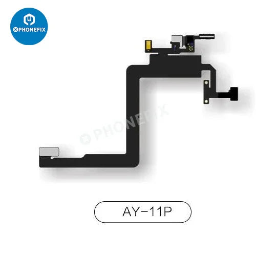 PhoneFix AY A108 earpiece FPC cable repair tool for iPhone True Tone and Face ID, shown with components and connectors.