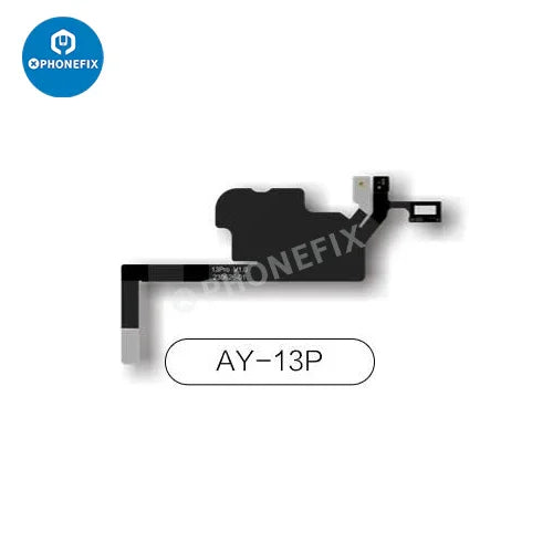 PHONEFIX AY A108 earpiece FPC cable for iPhone Face ID repair, showing the small, flexible connector on a repair tool.